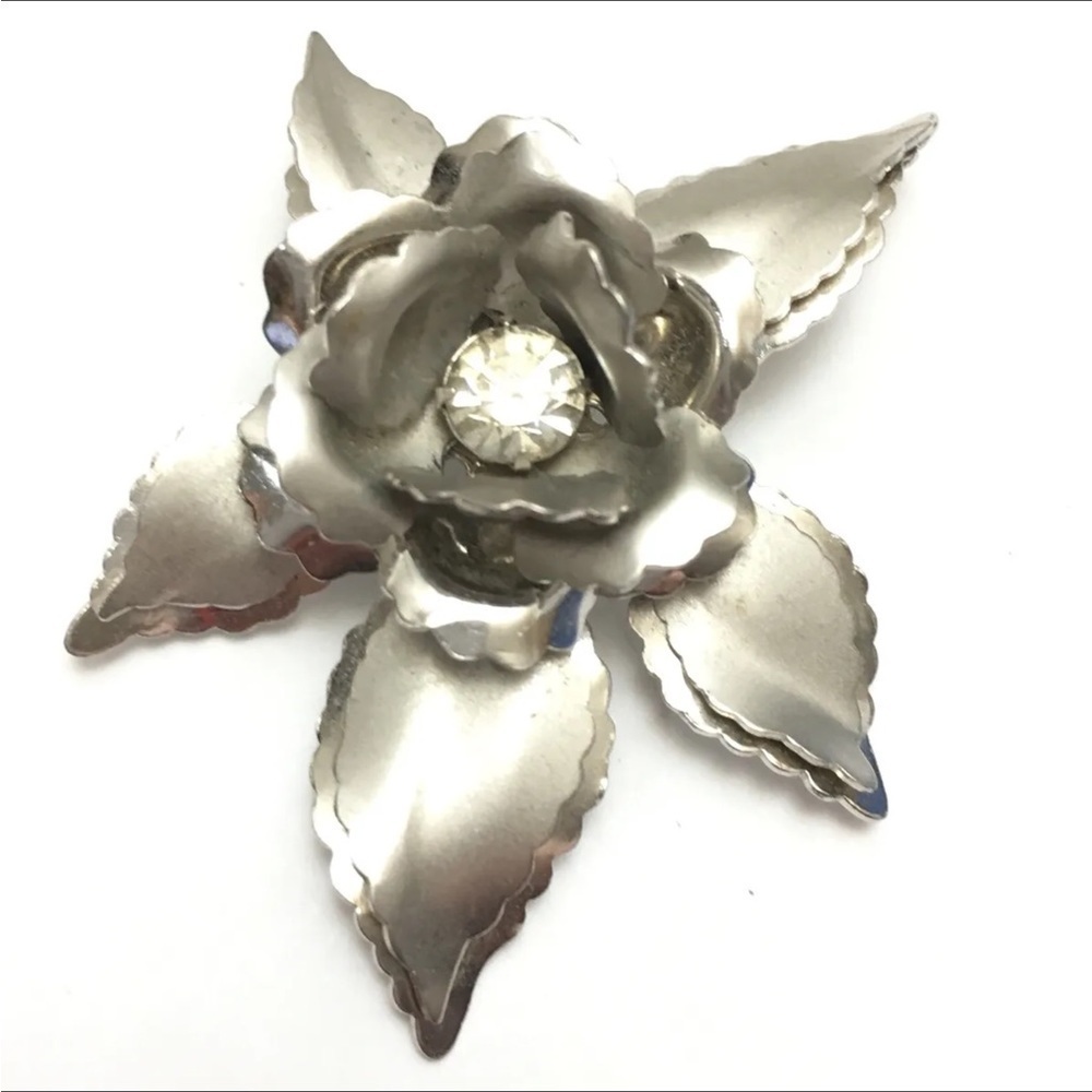 Vintage "SILVER FOIL Rhinestone ROSE "BROOCH, PENDANT Jewelry